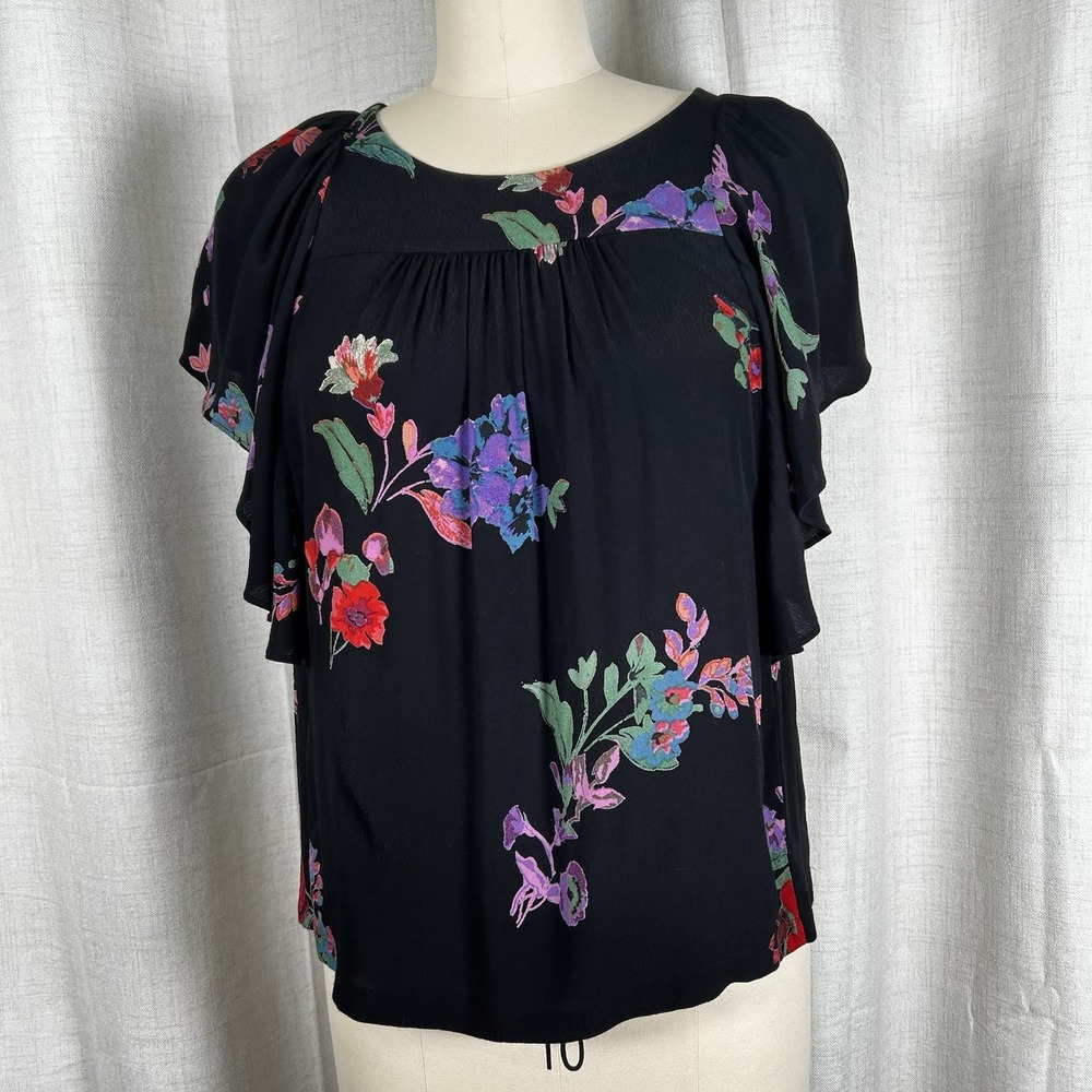 Maeve Anthropologie Prato Flutter Sleeve Blouse Top‎ XS Black Boho Trendy Casual - Picture 1 of 11
